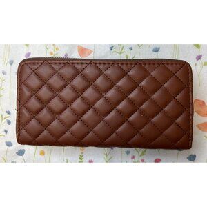 Quilted Brown Faux Leather Zipper Wallet With Wrist Strap & Gold Hardware